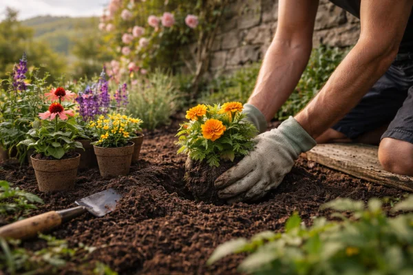 Garden planting seasonal flowers in a Devon cottage garden